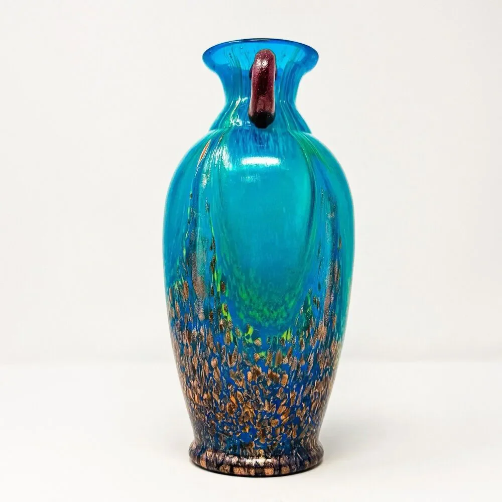 Dale Tiffany Vase Art Glass Teal Blue and Copper Applied Handles 9.5